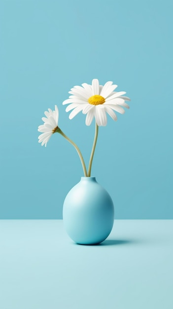 Auf einem Tisch stehen drei Gänseblümchen in einer blauen Vase