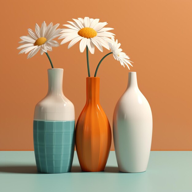 Auf einem Tisch stehen drei Vasen mit Gänseblümchen