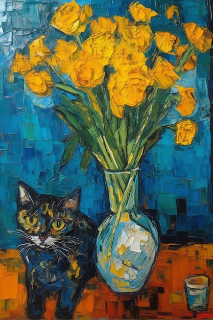 Auf einem Tisch stehen ein Gemälde einer Katze und eine Vase mit Blumen.