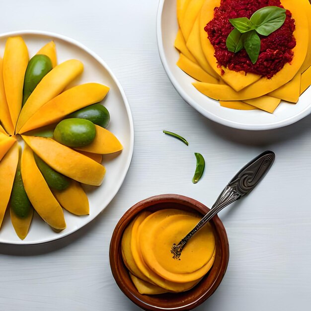 Auf einem Tisch stehen ein Teller Mangos und eine Schüssel mit roter Himbeersauce.