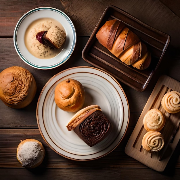 Auf einem Tisch stehen ein Teller mit Brötchen und ein Teller mit Sahne und einem Brötchen.