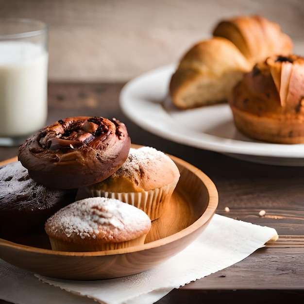 Auf einem Tisch stehen ein Teller Muffins und ein Glas Milch.