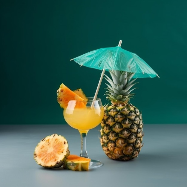 Auf einem Tisch stehen eine Ananas und ein Glas Orangensaft.