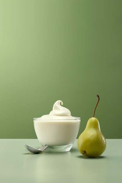 Auf einem Tisch stehen eine Birne und eine Schüssel Joghurt