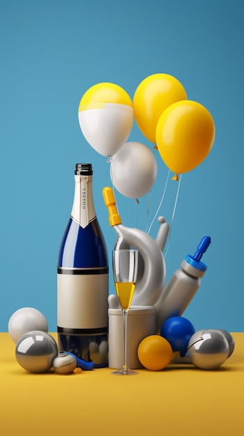 Auf einem Tisch stehen eine Flasche Champagner und Luftballons