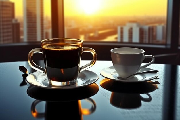 Foto auf einem tisch stehen eine tasse kaffee und eine untertasse