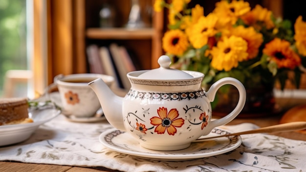 Auf einem Tisch stehen eine Teekanne und eine Tasse Kaffee, im Hintergrund ein Blumenstrauß.