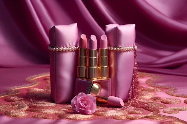Auf einem Tisch stehen rosafarbene Lippenstifte und eine Rose.