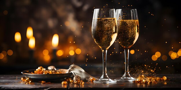 Auf einem Tisch stehen zwei Gläser Champagner und eine Schüssel mit Nüssen. Generative KI