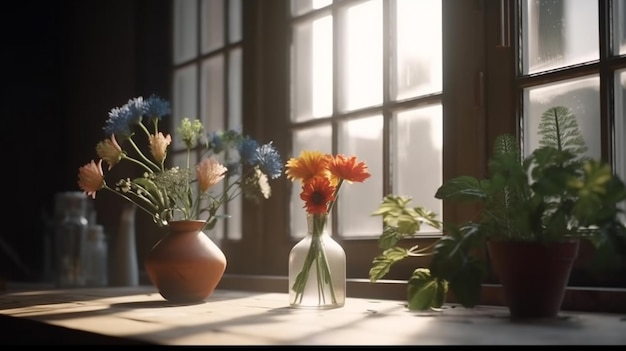 Auf einem Tisch stehen zwei Vasen mit Blumen, dahinter ein Fenster.