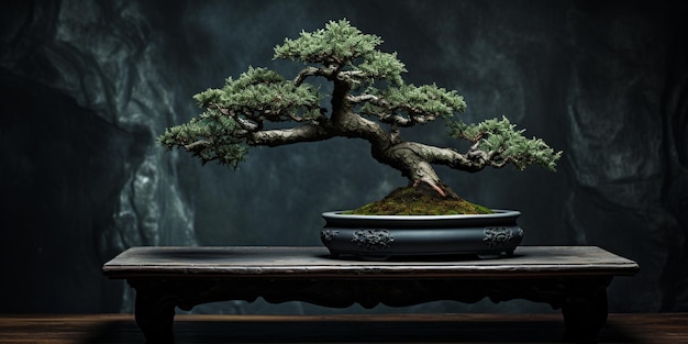 Auf einem Tisch steht ein Bonsai-Baum in einem Topf