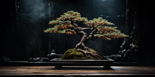 Auf einem Tisch steht ein Bonsai-Baum in einem Topf