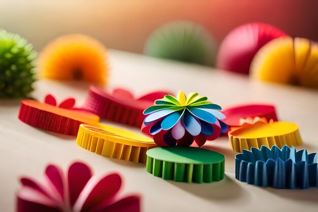 Auf einem Tisch steht ein buntes Blumenspielzeug mit einer bunten Blume in der Mitte.