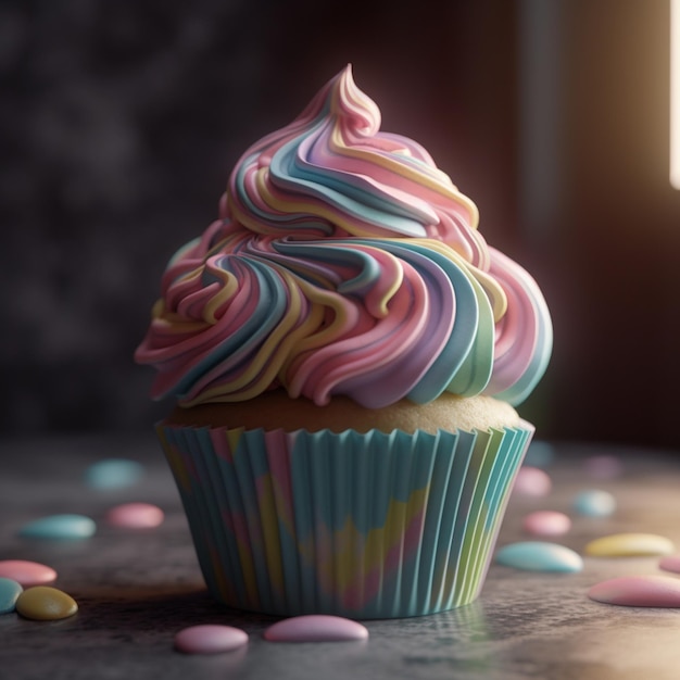 Auf einem Tisch steht ein Cupcake mit buntem Zuckerguss.