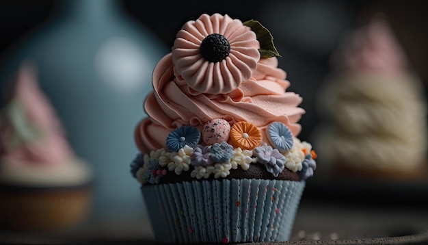 Auf einem Tisch steht ein Cupcake mit einem Zuckerguss aus schwarzen Beeren.