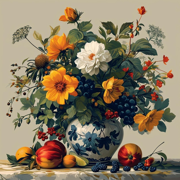 Auf einem Tisch steht ein Gemälde mit einer Vase mit Blumen und Früchten. Generative KI