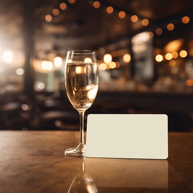 Auf einem Tisch steht ein Glas Champagner, davor eine weiße Karte.