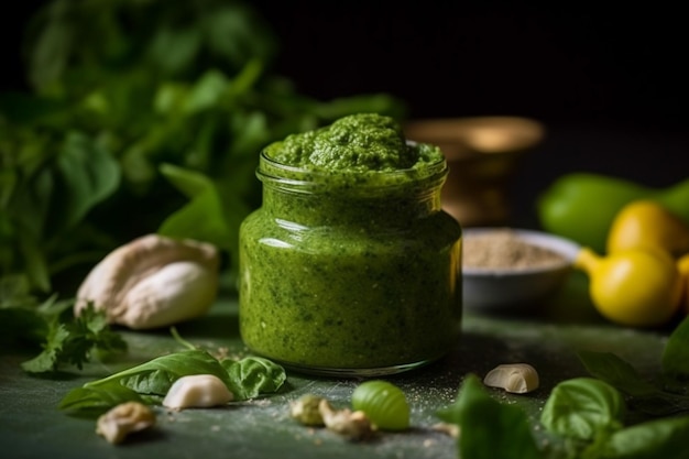 Auf einem Tisch steht ein Glas mit grüner Currypaste, dazu eine Schüssel mit Cashewnüssen und Knoblauch.