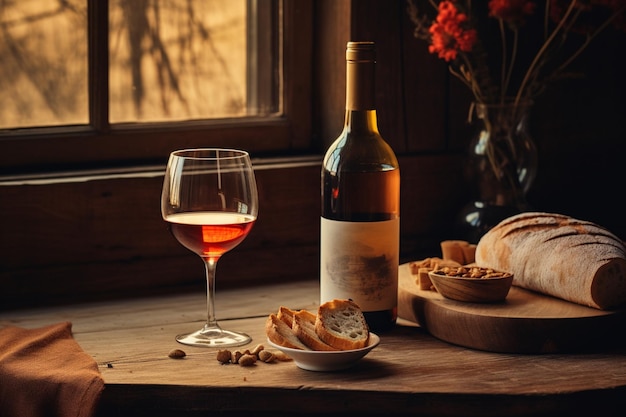 Auf einem Tisch steht ein Glas Wein und Brot