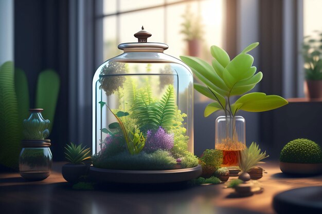 Auf einem Tisch steht ein Glasgefäß mit Pflanzen darin.