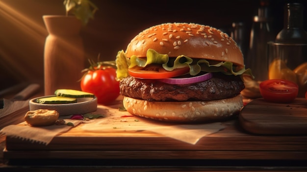 Auf einem Tisch steht ein Hamburger mit einer Tomate.