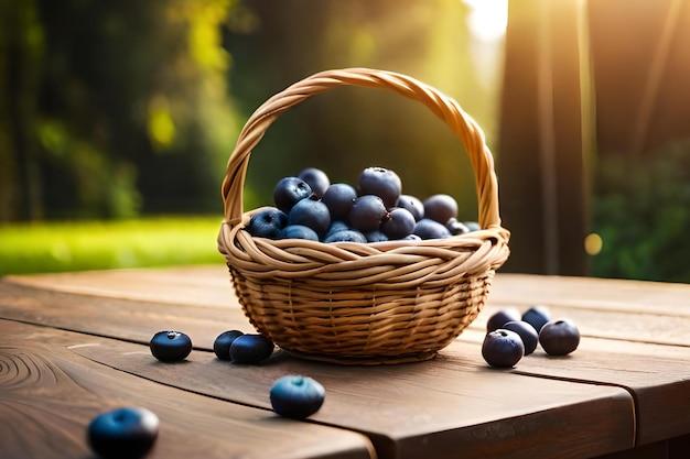 Auf einem Tisch steht ein Korb mit Blaubeeren.