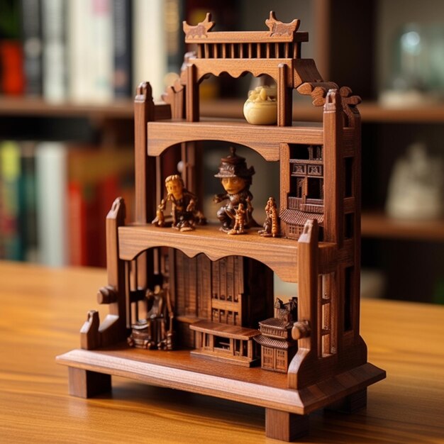 Auf einem Tisch steht ein Miniatur-Puppenhaus aus Holz. Generative KI