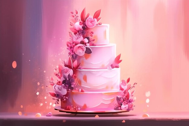 Auf einem Tisch steht ein rosafarbener Kuchen mit Blumen darauf.