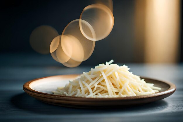 Auf einem Tisch steht ein Teller mit geriebenem Käse.