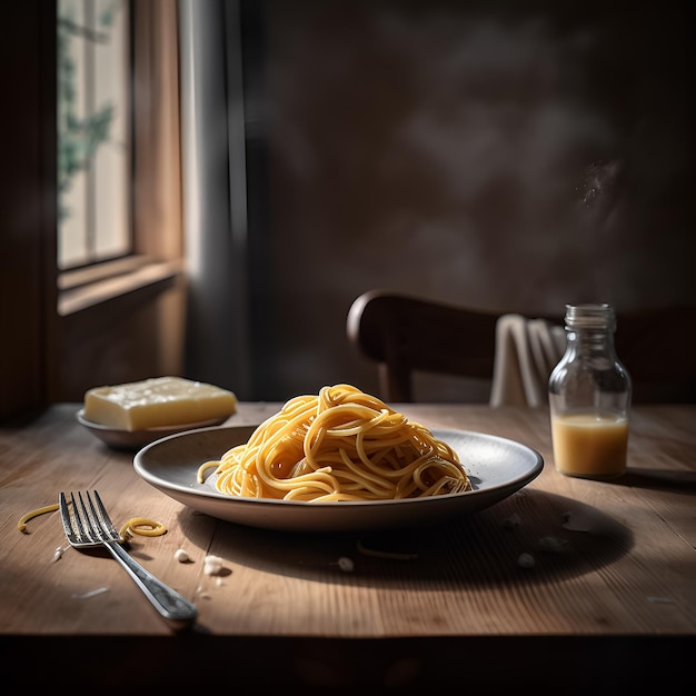 Auf einem Tisch steht ein Teller Spaghetti neben einer Flasche Butter.