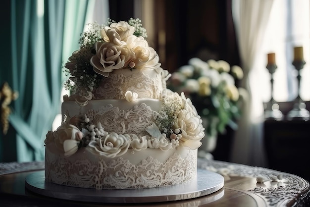 Auf einem Tisch steht ein weißer Kuchen mit Blumen darauf.