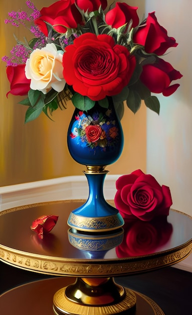 Auf einem Tisch steht eine blaue Vase mit Rosen darauf.