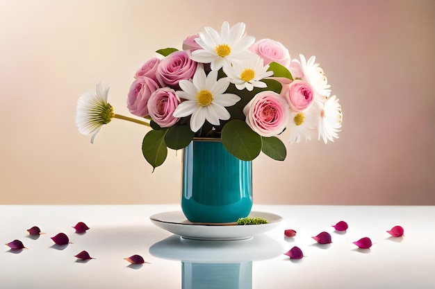 Auf einem Tisch steht eine Blumenvase mit einer rosa Blume darauf.