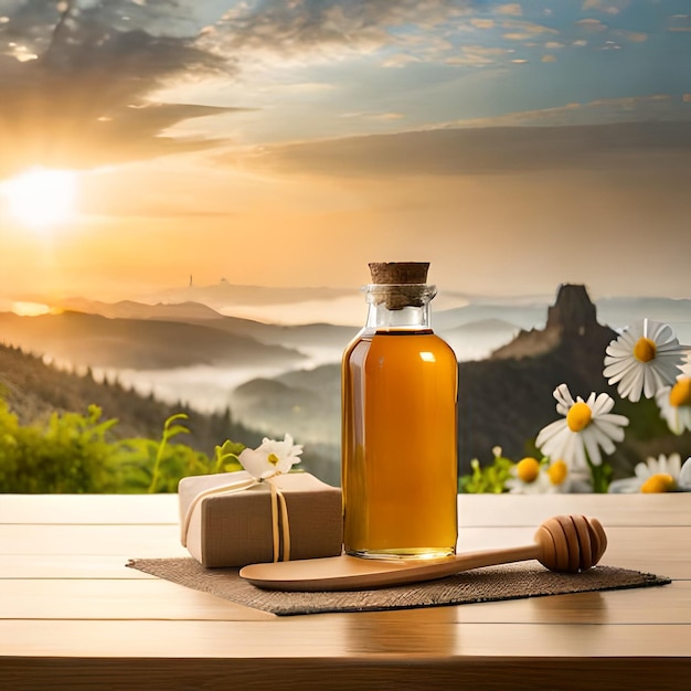 Auf einem Tisch steht eine Flasche Honig mit Blick auf ein Tal und einen Berg im Hintergrund.