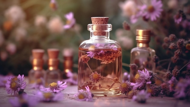 Auf einem Tisch steht eine Flasche Lavendelblüten mit einer lila Blume in der Mitte