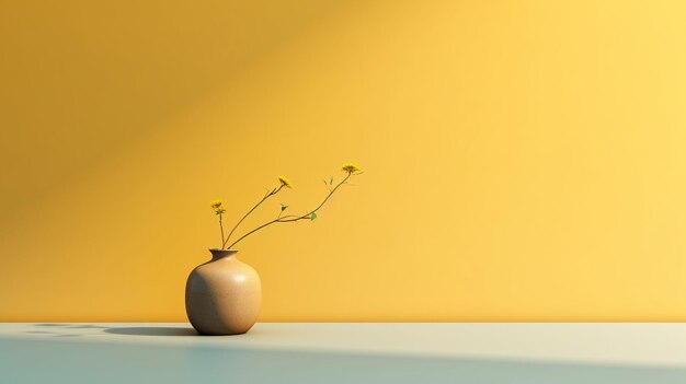 Auf einem Tisch steht eine gelbe Vase mit Blumen darin.