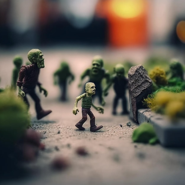 Auf einem Tisch steht eine Gruppe von Zombiefiguren.