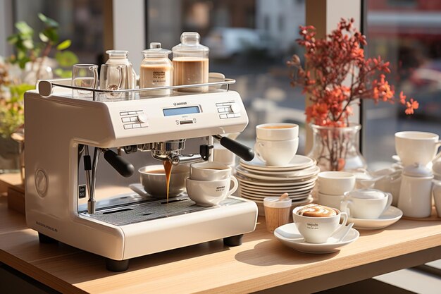 Auf einem Tisch steht eine Kaffeemaschine mit Tassen und Untertassen