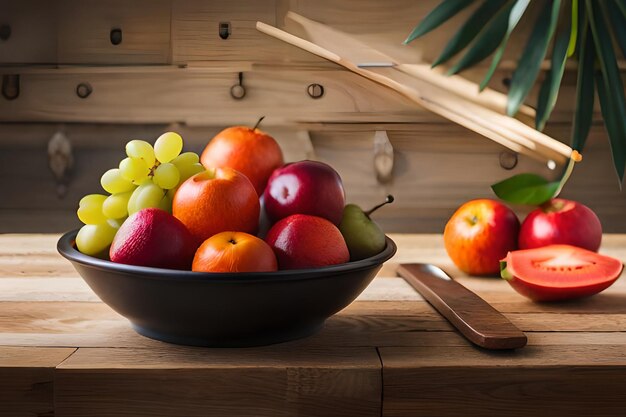 Auf einem Tisch steht eine Obstschale neben einer Wassermelonenscheibe.