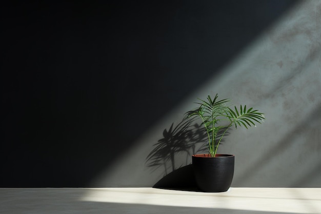 Auf einem Tisch steht eine Pflanze in einem schwarzen Topf.