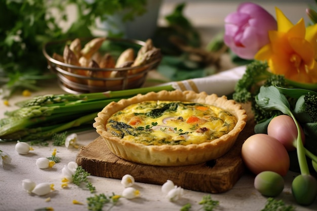 Auf einem Tisch steht eine Quiche mit einem Korb mit Gemüse und einem Korb mit Eiern.