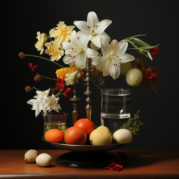 Foto auf einem tisch steht eine schale mit obst und blumen