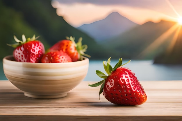 Auf einem Tisch steht eine Schüssel Erdbeeren, im Hintergrund ein Berg.