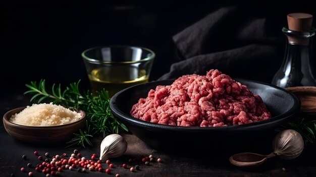 Foto auf einem tisch steht eine schüssel hackfleisch mit einem glas wein und einer schüssel mit roten samen.