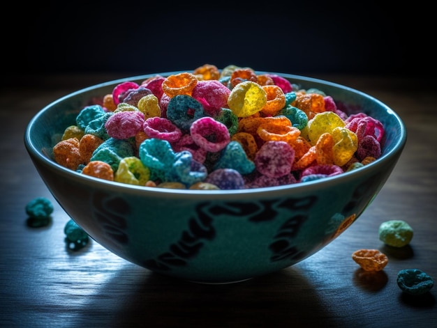 Auf einem Tisch steht eine Schüssel mit buntem Müsli.