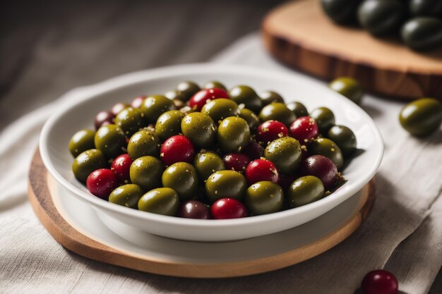 Auf einem Tisch steht eine Schüssel mit grünen Oliven.
