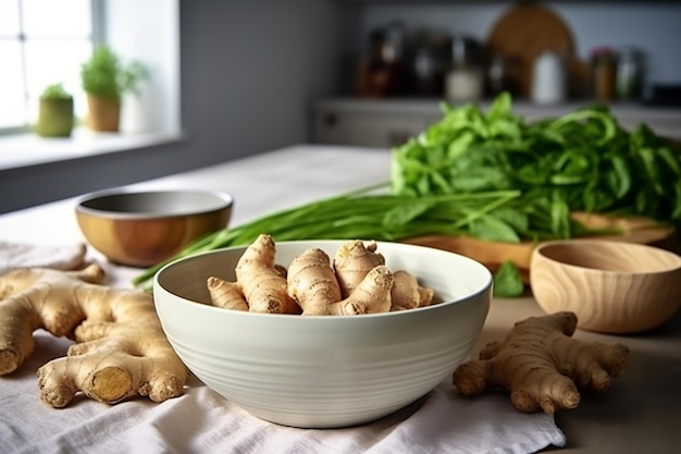 Auf einem Tisch steht eine Schüssel mit Ingwer und ein Bund Salat