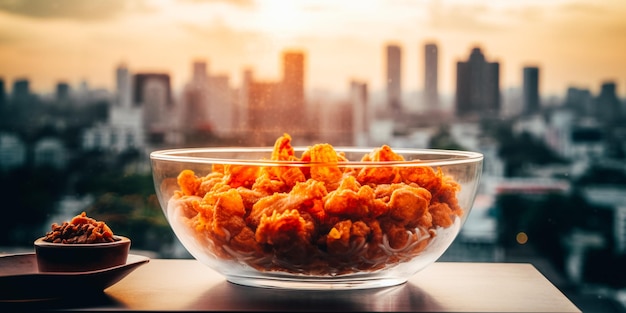 Auf einem Tisch steht eine Schüssel Popcorn mit einer Stadtansicht im Hintergrund.