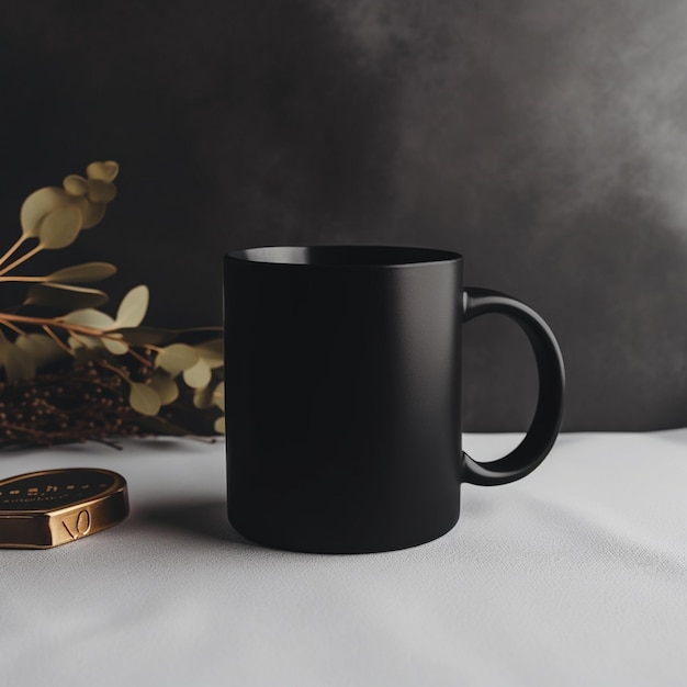 Auf einem Tisch steht eine schwarze Kaffeetasse neben einem generativen Goldring