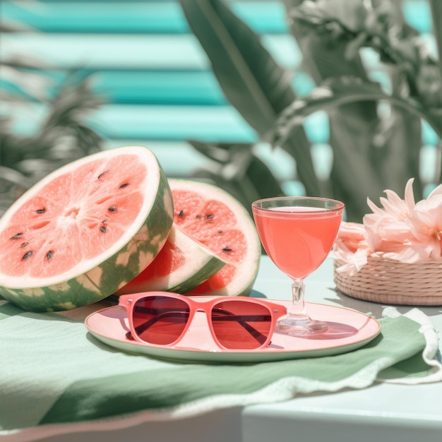 Auf einem Tisch steht eine Sonnenbrille neben einer Wassermelonen-Sonnenbrille